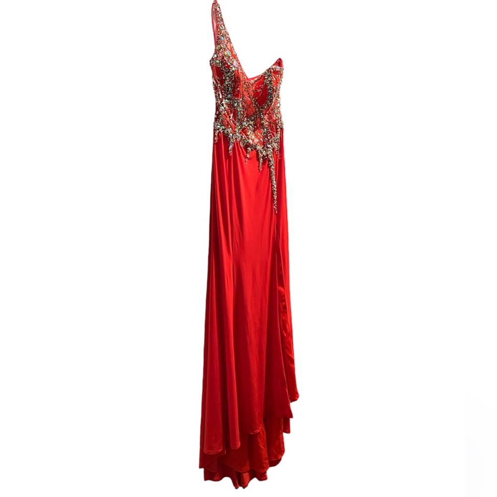 JVN by Jovani 91220 Coral Long Fitted Sheer One Shoulder Gown, Size 6 - Picture 5 of 8